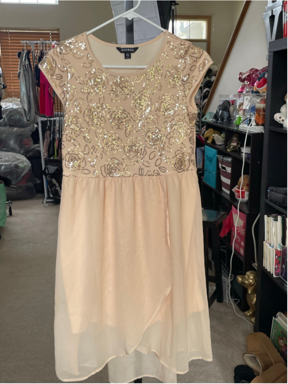 Girls George Peach Gold Sequin High Low Dress XL
